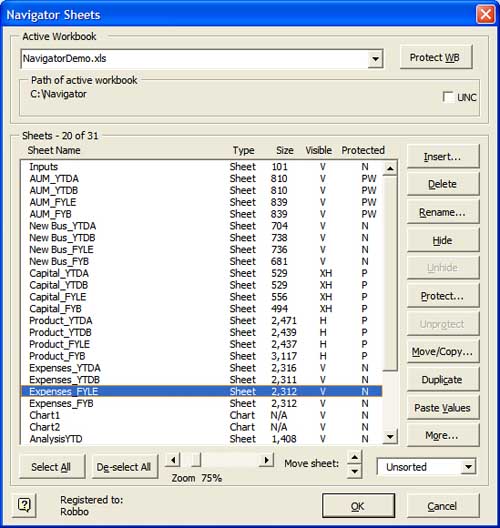 Sheet Navigator dialog